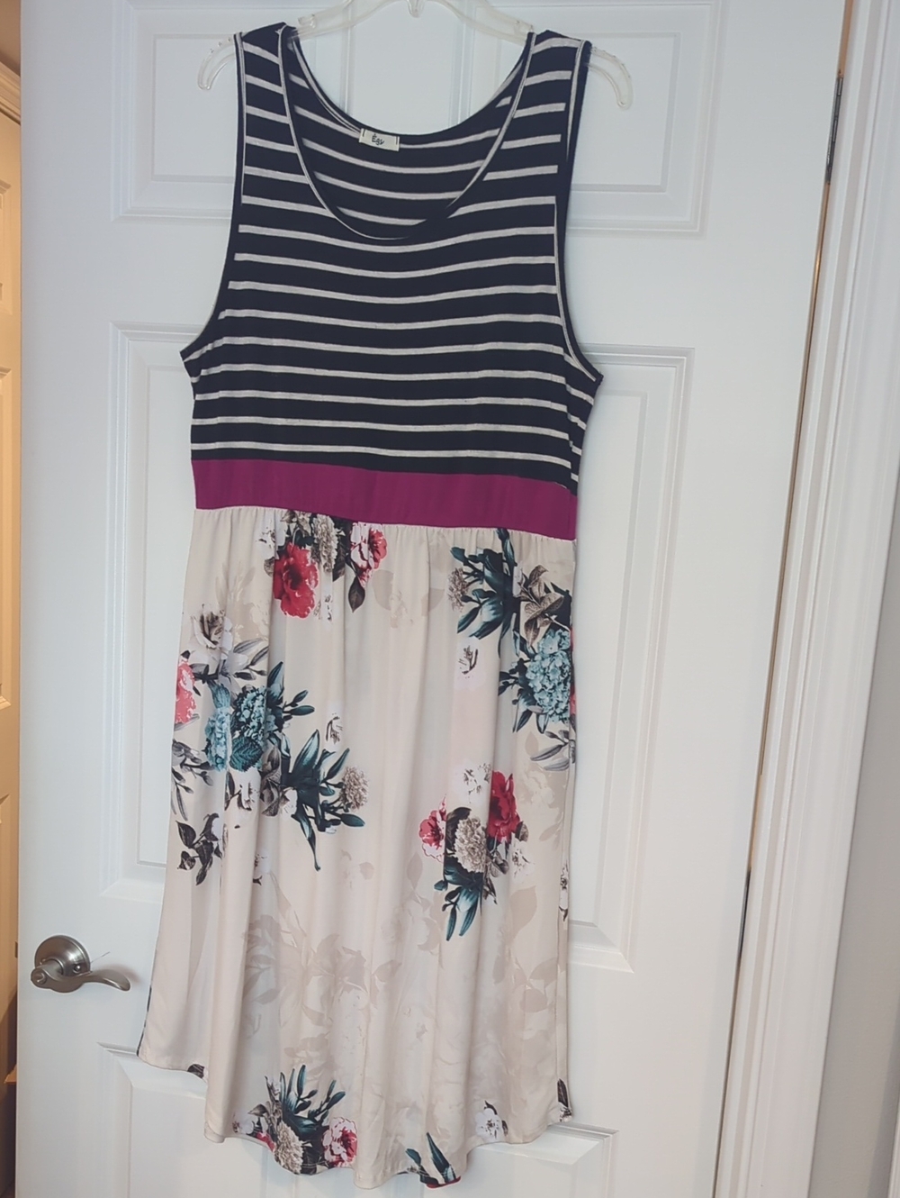 Striped Navy & Cream Floral Midi Dress with Magenta Waistband